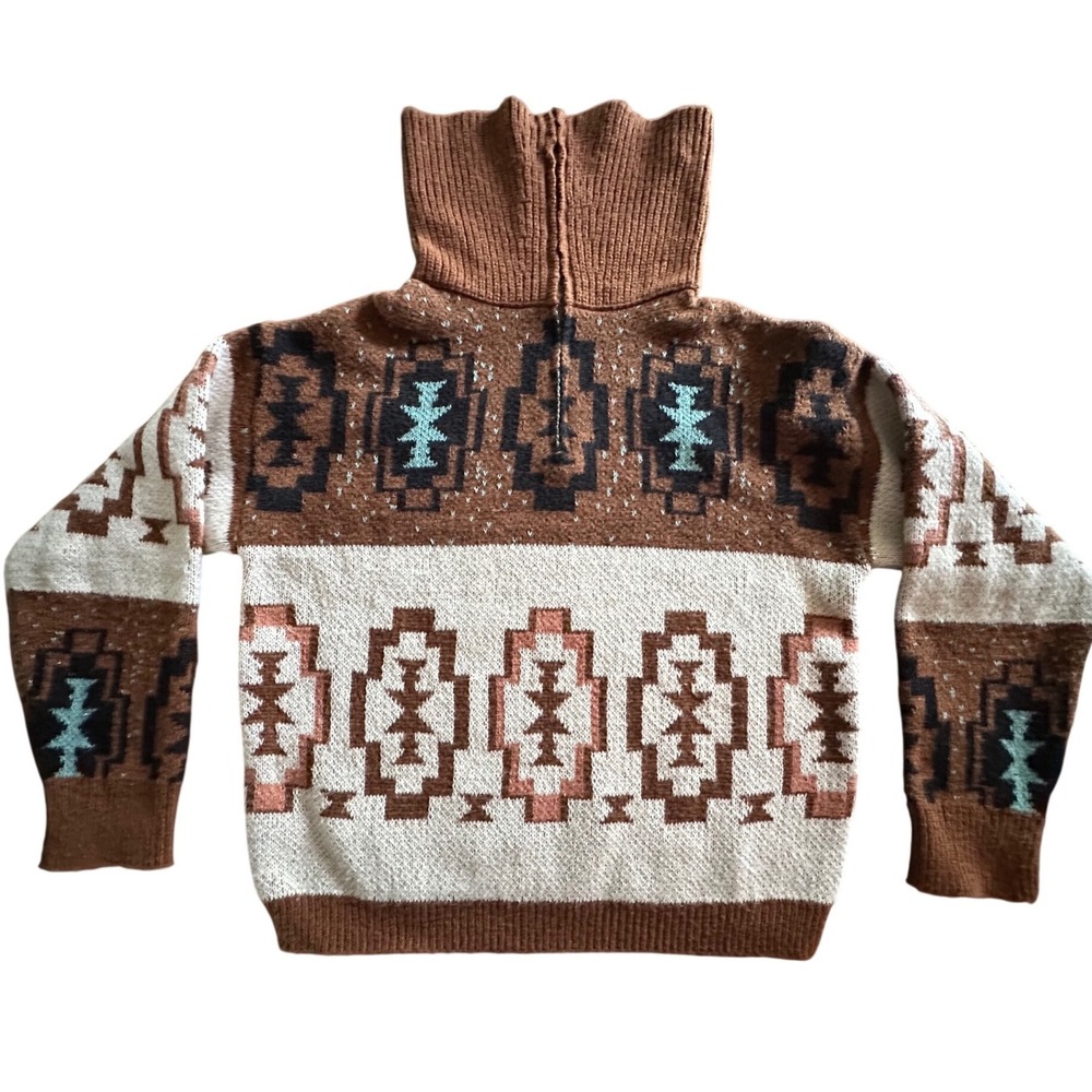 Brown Teal Southwestern Quarter Zip Sweater XE202311639 Small - Picture 2 of 10